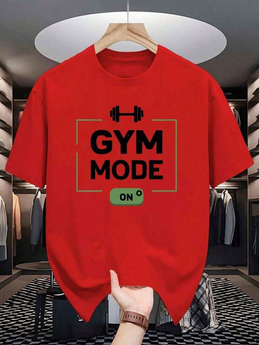 GYM MODE Men's White T-Shirt - Casual & With Dumbbell Graphic, Short Sleeve, Round Neck, Polyester & Spandex Blend, Perfect For Summer Workouts & Casual Attire; Women's Autumn Cotton Loose T-Shirt: Soft Winter Inner Wear Fashion Design, Soft Fabric,  Loose Fit, Hip-Hop Street Style, Unisex, Suitable For Home And Daily Wear - [紅色的] - 查看 1