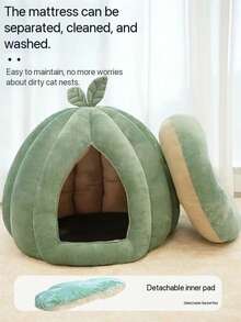 1pc New Thickened Pumpkin Shaped Cat Bed, Green Small Tent Cat Bed Suitable For Cats And Small Dogs, Warm And Semi-Enclosed, Removable And Washable, Cute Christmas Gift - Green - View 1
