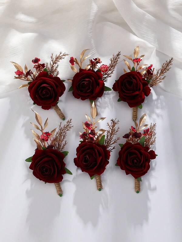 6pcs/1pc Premium Orange Rose With Baby's Breath Boutonniere, Suitable For Groom, Bride, Wedding, Engagement, Halloween, Banquet, Party