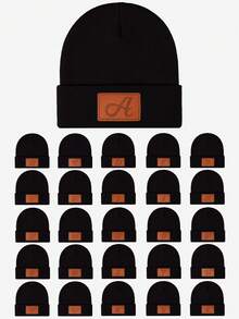 1pc Men's PU Leather 26 Letter Warm Knit Beanie, Soft & Comfortable Unisex Slouchy Beanie, Suitable For Autumn/Winter Outdoor Wear, Fashion Accessory, Great Gift