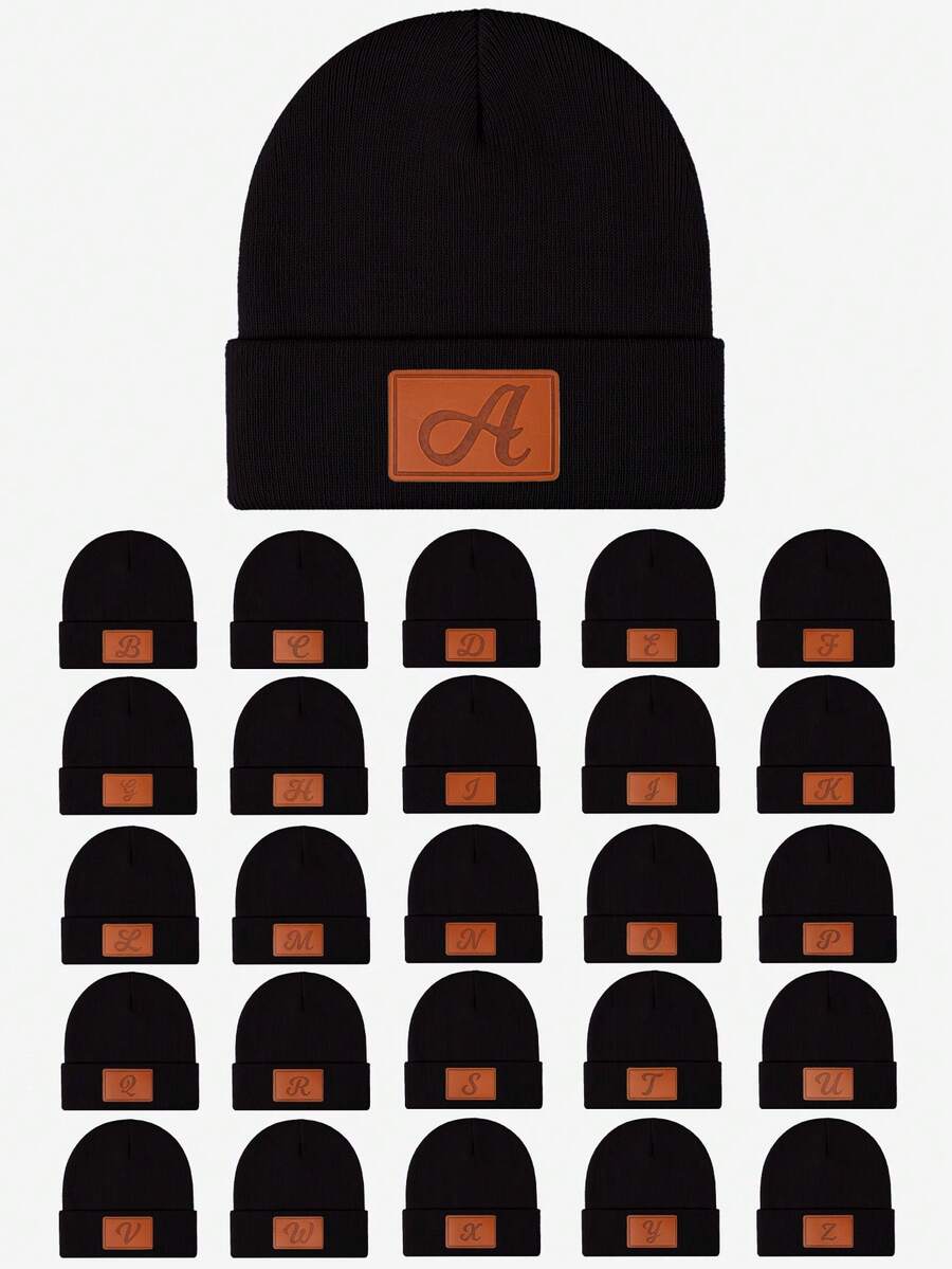 1pc Men's PU Leather 26 Letter Warm Knit Beanie, Soft & Comfortable Unisex Slouchy Beanie, Suitable For Autumn/Winter Outdoor Wear, Fashion Accessory, Great Gift