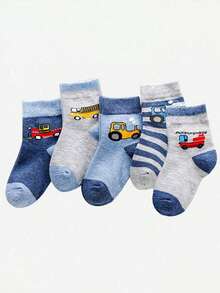 5 Pairs Cute Cartoon Car Pattern Breathable Odor-Resistant Children's Socks, Suitable For Spring, Summer, And Autumn