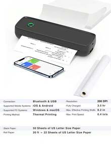 A4 便携式热敏打印机 - 无线蓝牙便携式打印机，适用于手机/笔记本电脑的无墨迷你移动打印机，支持 8.5 英寸 x 11 英寸美国信纸/A4/4.33 英寸 / 3.14 英寸 / 2.08 英寸热敏纸，非常适合旅行/家庭 - 彩色 - 查看 5