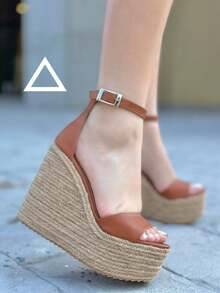 Sandalias de plataforma alta de yute con correa al tobillo  Casual - Camel - Ver 1
