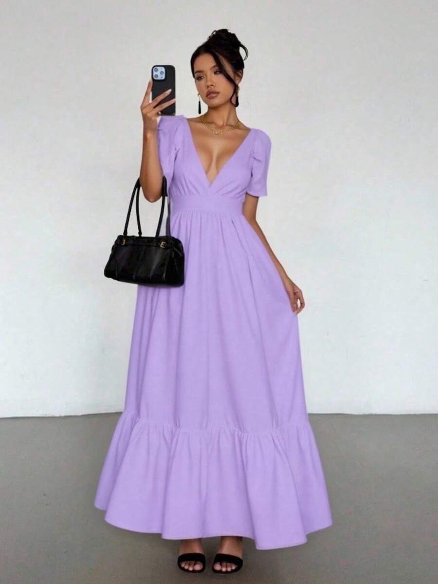 Maxi Vestido de Tirantes Ajustable con Escote en V o Pico Profundo, con Volante en el Bajo Casual para Mujer - Lila Púrpura - Ver 1