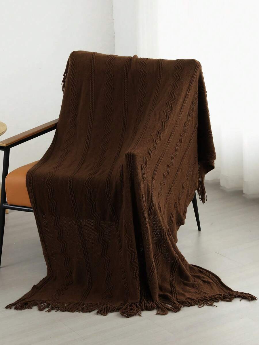 A Wave Pattern Blanket, Nordic Style Acrylic Rectangle Tassel Solid Color Sofa Cover Blanket For Bed Decoration, Noon Nap, Knitted Blanket