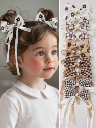 10pcs/Pack Girls/Teens Khaki Plaid Ribbon Bow Hair Clips, Cute Hair Accessories For Daily Wear