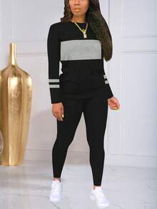 Striped Colorblock Print Long Sleeve Sports Suit, Sweatshirt And Sweatpants Set Black Spring - Black - View 2