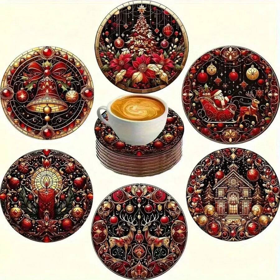 6pcs Christmas Wooden Coaster Set - Heat-Resistant, Non-Slip Drink Mats For Home Decor & Table Protection - Perfect Holiday Gift Idea
