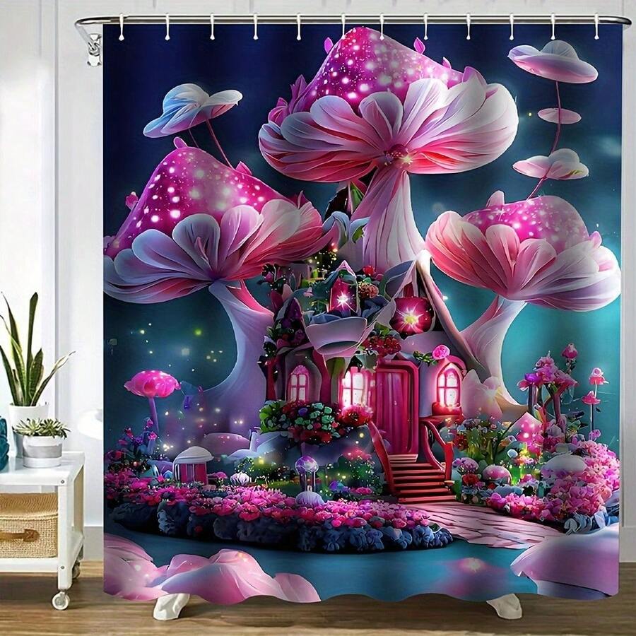 Juego de 1/4 piezas de cortina de ducha con estampado de castillo de setas rosas, cortina de ducha impermeable con ganchos, alfombra antideslizante, alfombra para tapa de inodoro y alfombra en forma de U, juego decorativo completo para el baño, accesorios de baño