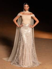 Faeriesty 情人节优雅两件套串珠晚礼服套装，露肩设计——褶皱面料紧身胸衣，精致鱼鳞串珠连衣裙，轻盈薄纱披肩，适合正式婚礼、高端晚宴、高级舞会和红毯活动，也可作为生日礼服或斋月服装。