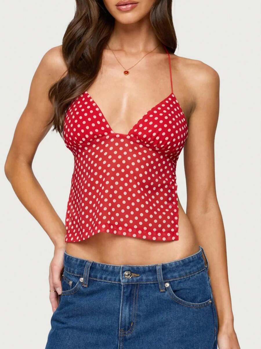 Women Y2K Cami Tank Top Polka Dot Sleeveless V Neck Halter Crop Top Spaghetti Strap Camisole Top Summer Coquette Open Back Tie Up Cami Top Going Out Tops - Đỏ - Xem 1