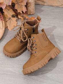 1 Paar braune einfarbige weiche PU-Leder Stiefel für Teenager & Kinder, seitliches Elastikpanel, Schnürung vorne, runde Zehenkappe, warme dicke Sohle, klassischer Chelsea-Stil, geeignet für 3-12 Jahre alte Jungen & Mädchen, Lässig, Schule, Urlaub, Herbst/Winter