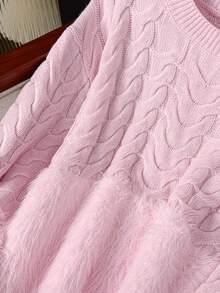 Girly Pink Knitted Sweater With Fuzzy Sleeve Patchwork Design, Casual Women Winter Pullover - Pink - View 3