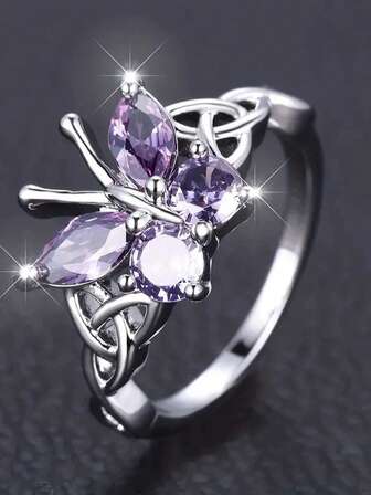 1pc Elegant Purple Zirconia Butterfly Ring, Suitable For Women's Daily And Party Wear