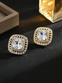 1 Pair Copper Plated Cubic Zirconia Stud Earrings, Luxurious, Multi-Color Options, Suitable For Party, Banquet, Daily Wear, Great Gift