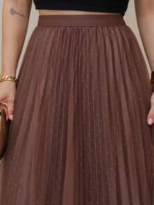MIA MIA MODAS Elegant Long Tulle Skirt With Pleated Lining And Rhinestones All Over The Lining, Elastic At The Waist Of The Skirt. - Café integral - Ver 4
