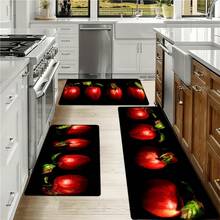 1/2pcs Apple Theme Design Kitchen Mat Set, Indoor & Outdoor Comfortable Carpets For Kitchen, Home, Office, Laundry Room, Bathroom, Holiday Home Decor, Room Decoration, High-Quality Flannel, Thickness 0.47 Inches - As the Picture - View 1