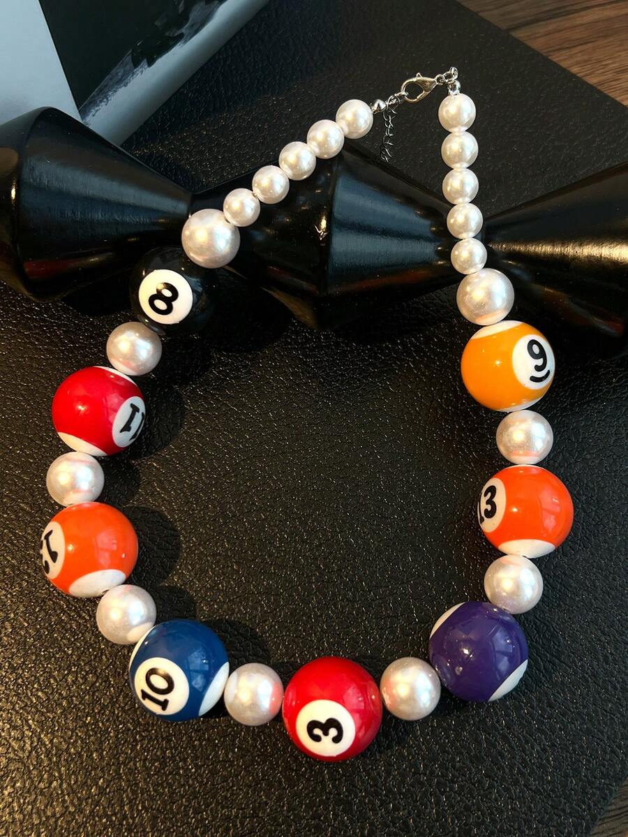 1pc New Colorful Billiard Table Necklace, Unique Dopamine Color Pearl Adjustable Choker Necklace