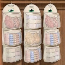 Bolsa de malla de almacenamiento colgante de 3 capas para ropa interior, calcetines y sujetadores - Adecuado para dormitorio y organizador de pared para el hogar con bolsillos transparentes | Organizador de ropa multicapa, organizador colgante de armario con bolsillos de malla y percha giratoria de metal, bolsa ahorradora de espacio de malla