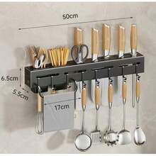 Estante para cuchillos de pared, estante multifuncional para palillos de cocina, estante de almacenamiento sin perforaciones - Negro - Ver 5
