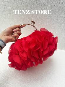 女士优雅花卉褶皱缎面晚宴手拿包 - 时尚雪纺花瓣手提包，配链条肩带，完美适用于新娘、婚礼、舞会、伴娘、毕业派对、春季活动、鸡尾酒会和特殊场合（图案随机）