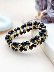 1pc Handmade Beaded Bracelet With Bright Crystal & Aluminum Chain, Reversible Design, Suitable For Women, Party, Wedding, Beach, Holiday, Classic & Fashionable Gift