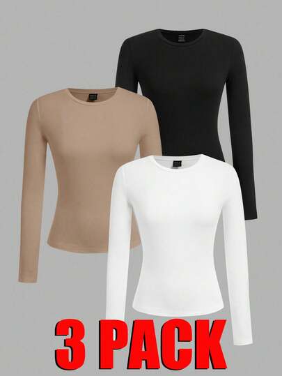 Set de 3 camisetas afelpadas para mujer, multicolor, clásicas y elegantes, colores lisos, sin estampados, tela de poliéster, con interior afelpado ligero, suave y cálido, ideales para temperadas de otoño, invierno e inicios de primavera, cuello redondo, con manga larga. Silueta ajustada para resaltar mejor tu figura. Te llagarán 3 camisetas afelpadas; 1 en color negro y 2 en color al azar.