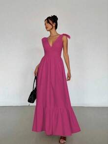 Maxi Vestido de Tirantes Ajustable con Escote en V o Pico Profundo, con Volante en el Bajo Casual para Mujer - Rosa Fucsia - Ver 2