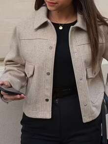 女士时尚单排扣长袖常规款外套，秋冬季 - 米色 - 查看 1