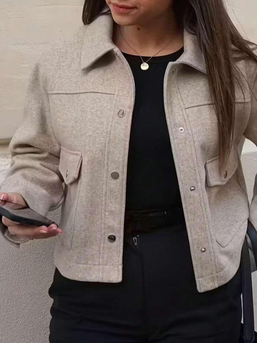 女士时尚单排扣长袖常规款外套，秋冬季 - 米色 - 查看 1