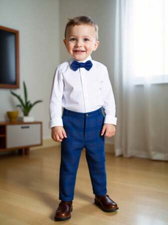 New Boys Gentleman Suit Set, Boys' Formal Wear, White Long Sleeve Shirt + Blue Plaid Pants, Paired With Tie & Bowknot, Suitable For Weddings, Holidays, Birthdays, Casual Formal Outfit For Toddler Boys