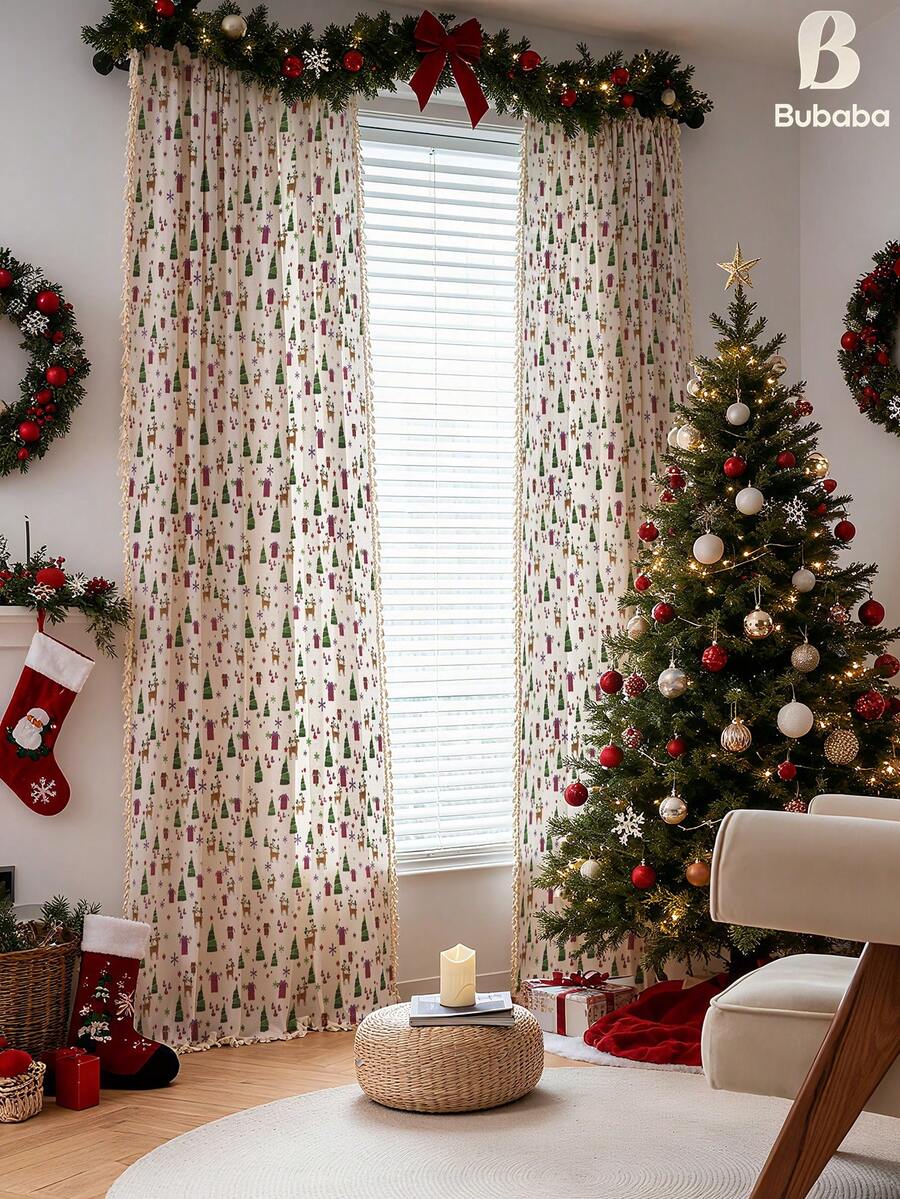 Bubaba 1 pieza Cortina con diseño de árbol de Navidad y reno estilo americano, material de poliéster con borlas beige, adecuada para decoración navideña en dormitorio, cocina, comedor, hotel, fiesta, todo el año