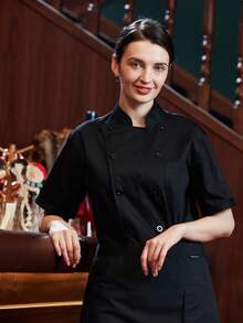 Uniforme clásico de verano de manga corta para chef, diseño de malla transpirable en la espalda, durable y cómodo, unisex, diseño clásico de doble botonadura, elegante y de moda, uniforme de chef clásico y popular, adecuado para catering, panadería, cocina de hotel, restaurante, cafetería, chaqueta de chef personalizada de alta gama, uniforme de chef para mujer, de manga corta y ligero - Negro - Ver 3