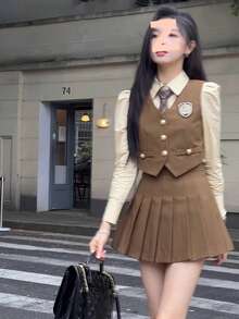 Autumn Women's Korean Drama College Style Suits, Small British Suit Vest Shirt Pleated Skirt JK Uniform - 咖色馬甲+裙子 - 查看 4