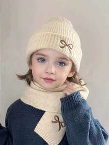 2 Pieces Boys' And Girls' Winter Knit Hat And Scarf Set – Featuring Adorable Bow Embroidery, Soft And Warm, Perfect For Winter Wear; Ideal Holiday Gift Set For Girls And Boys; Includes Matching Hat And Scarf, Suitable For Cold Weather And Casual Wear; Perfect Christmas And New Year Accessory. - Multicolor - View 2