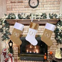 Medias de Navidad con monograma inicial de 19.5 pulgadas, con bordado de terciopelo dorado y blanco, con decoración de borlas, decoración de fiesta de Navidad (letra blanca T) - Dorado - Ver 2