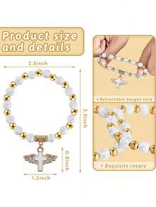 Set cadou brățară rozariu cu cruce și aripi de înger, 72 buc/24 seturi - Include brățară, pungă cadou și etichetă de mulțumire, pandantiv cruce cu brățară rozariu cu mărgele acrilice cu aripi de înger pentru femei și bărbați, botez, comuniune, nuntă, petrecere, Crăciun, cadou mic, en-gros (36/72 buc)
