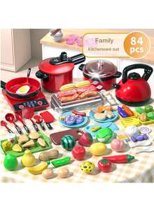 23 piezas/52 piezas/84 piezas Juego de cocina de juguete de chef pequeño con utensilios de cocina, ollas, cortadores y alimentos de juguete de madera en color rosa/rojo/verde para niñas, juguetes de cocina, juguetes para niños