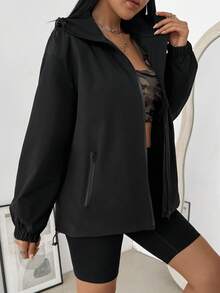 Outdoor Sports Windbreaker Jacket, Solid Color Fashion Versatile Hooded Zipper Design, Hook And Loop Cuffs, Suitable For Daily Wear, Hiking, Sports - Black - View 3