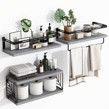 Superlele 3+1 Tier Wall Mounted Bathroom Shelves Over Toilet, Rustic Wood Floating Shelves With Metal Frame And Towel Bar For Bathroom, Kitchen, Bedroom, Living Room Home Bathroom Decor Bathroom Organizer Summer Back To School