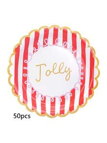 10 Stücke/20 Stücke/50 Stücke Weihnachts-Pappteller 7 Zoll Weihnachts-Kuchenteller mit niedlichem rot-grün gestreiftem Muster, fröhlichem Design mit gezacktem Rand, Weihnachtsparty Zubehör - Verschiedenfarbig - Übersicht 10