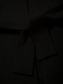 女士纯色休闲竖条纹纹理设计宽松V领系腰长袖针织开衫，轻薄透气，适合春、秋、冬季穿着，黑色 - 黑色 - 查看 12