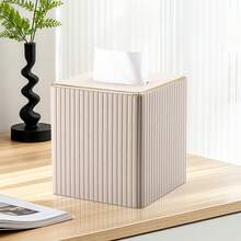 Gold-Edged Square Vertical Striped Tissue Box - Fashionable Cubic Tissue Box Holder, Magnetic Bottom, Decorative PU Tissue Box Suitable For Vanity, Nightstand, Desk, Kitchen Counter, Home Office, Car (Milk Tea Color) - Multicolor - View 4