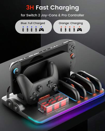 Transnovo Transnovo NS2-CG04-Multi-Function RGB Light Charging Dock Station For 4 Joy-Con And Pro Controllers With Cooling Fan And 9 Game Card Slots