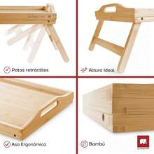 Mesa para Cama de Bambú con Patas Plegables |   Charola de Servicio Multifuncional con Asas Portátil |   Bandeja para Desayunar, Leer o Trabajar |   Medidas: 45cm X 31cm - 17,7" x 12,2" x 7,5" - Ver 3