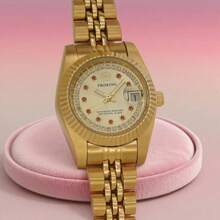 PROKING 1pc Women's Stainless Steel Gold-Tone Case & Band Business Fashion Red Crystal Quartz Watch, Elegant & Luxury, Suitable For Daily Decoration, Birthday Gift - Gold - View 9