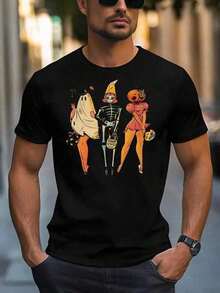 Men's Vintage Halloween T-Shirt - Black Retro Witch Pin-Up Design With Skeletons, Pumpkin, Soft Breathable Cotton Crew Neck Tee For Halloween Party Costume Casual Outfit - Spooky Halloween Shirt,Nightmare Before Christmas,Christmas,Halloween Costumes,Funny T Shirts,Summer Outfits,Thanksgiving Day,Men Graphic Tees,Streetwear Men - Black - View 1