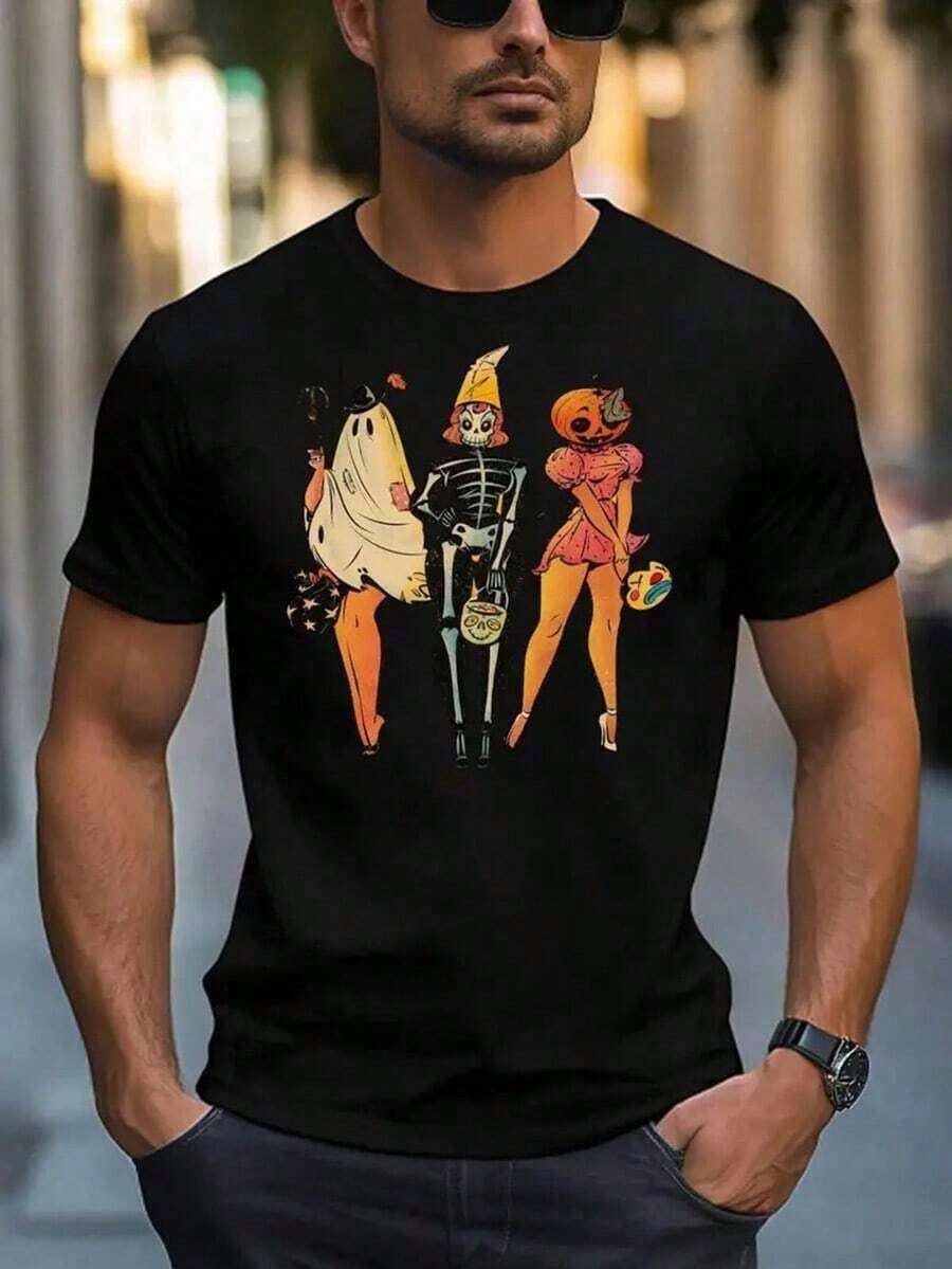 Men's Vintage Halloween T-Shirt - Black Retro Witch Pin-Up Design With Skeletons, Pumpkin, Soft Breathable Cotton Crew Neck Tee For Halloween Party Costume Casual Outfit - Spooky Halloween Shirt,Nightmare Before Christmas,Christmas,Halloween Costumes,Funny T Shirts,Summer Outfits,Thanksgiving Day,Men Graphic Tees,Streetwear Men - Black - View 1