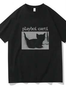 Playboi CartiS Hip-Hop T Shirts Cute Cat Harajuku Print Tee Regular WOMEN Tops Quality Rapper Tshirt 80031 - 黑色 - 查看 1
